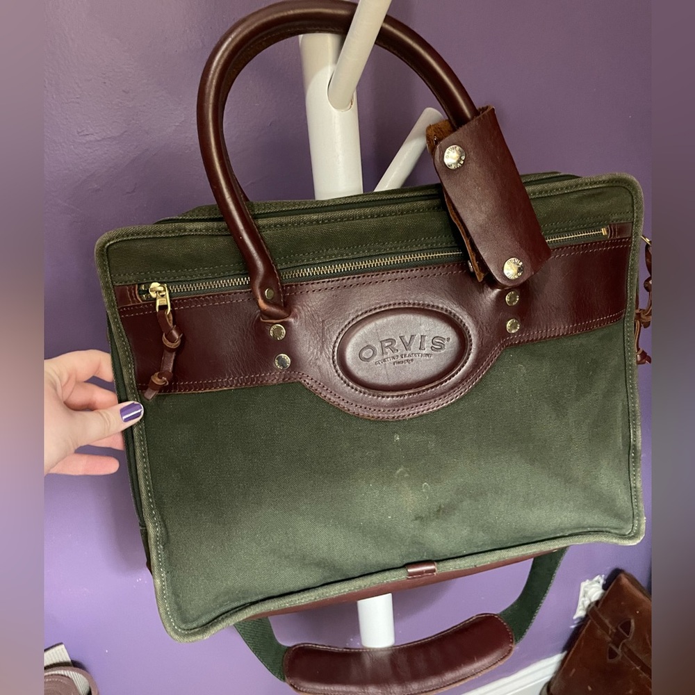 ORVIS green canvas and genuine leather briefcase/messenger bag